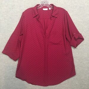 New York & Company M Magenta Popover Blouse Low V-Neck 3/4 Roll Tab Polka-Dot